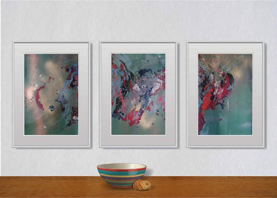 Set of 3 Fluid abstract original paintings on paper A4 - 18J050