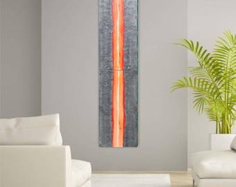 Pintura estructural abstracta de acero naranja fluorescente A262, formato vertical, original, 50 x 200 cm, para estudio o oficina, de KSAVERA, pintura moderna.
