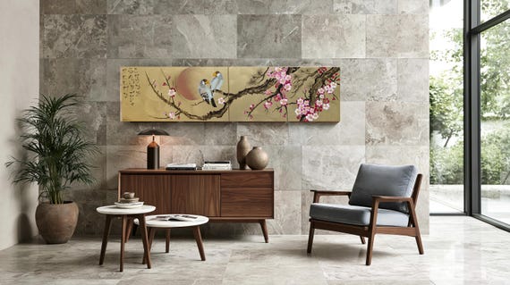 Sakura Wall Art J248 Japanese Cherry Blossom and Sun - Acrylic Canvas by Ksavera