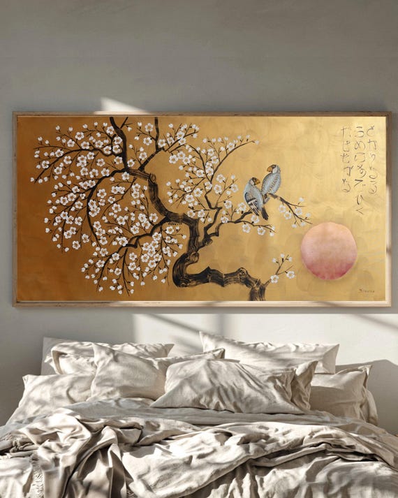 Love Birds and white Sakura J544 | Large Horizontal Gold Japanese Painting | Ksavera