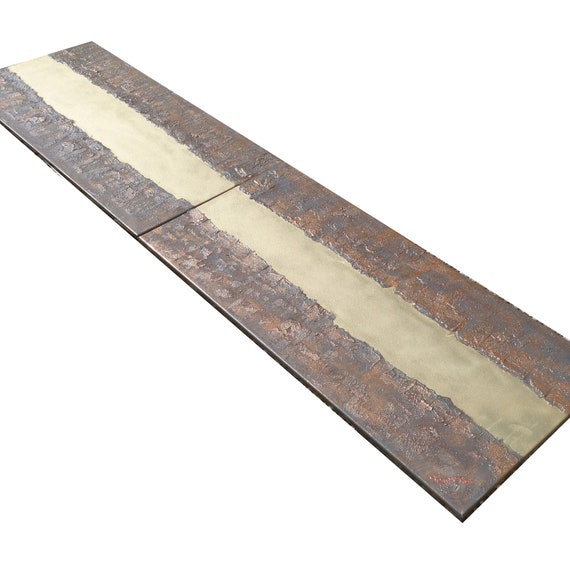 Abstract Painting gold stripe rusty iron vertical textured wall art A338 industrial Original Contemporary Art KSAVERA mid century modern art