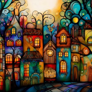 The image is a vibrant, colorful, and whimsical depiction of a fantastical cityscape, with buildings and structures adorned with intricate, swirling patterns and designs. The overall composition is visually striking and imaginative, with a sense of depth and dimension.