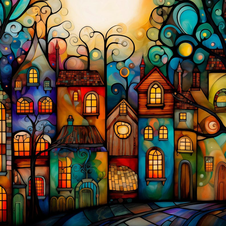 The image is a vibrant, colorful, and whimsical depiction of a fantastical cityscape, with buildings and structures adorned with intricate, swirling patterns and designs. The overall composition is visually striking and imaginative, with a sense of depth and dimension.