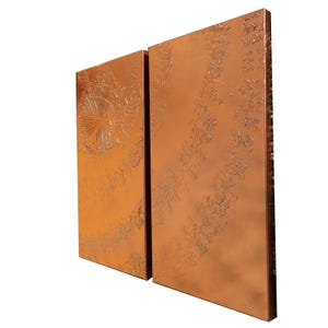 two rectangular panels with a metallic, textured surface. The panels are positioned side by side, creating a sense of symmetry in the composition.