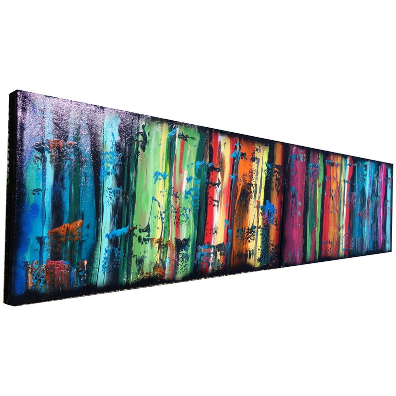 The image is a vibrant, colorful abstract painting with vertical stripes in various bright colors, including shades of blue, green, orange, and purple. The painting appears to be a long, horizontal piece of art that spans the entire frame.