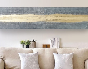 Abstrakte Strukturgemälde Steel gold Streif A337 hochkant Originale Gemälde 50x200cm für Praxis Büro von KSAVERA Unikat Moderne Malerei Bild