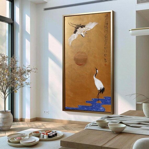 Cranes J502 — gold Japanese original Painting | Large Vertical Canvas | Ksavera