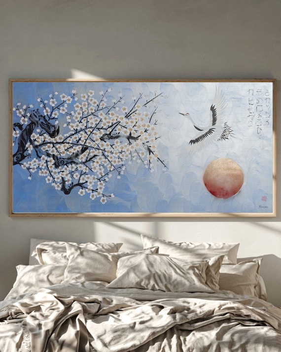 Large Original Painting - Stork and Sakura J496 — silver blue Japanese wall art | Acrylic on Canvas | Ksavera