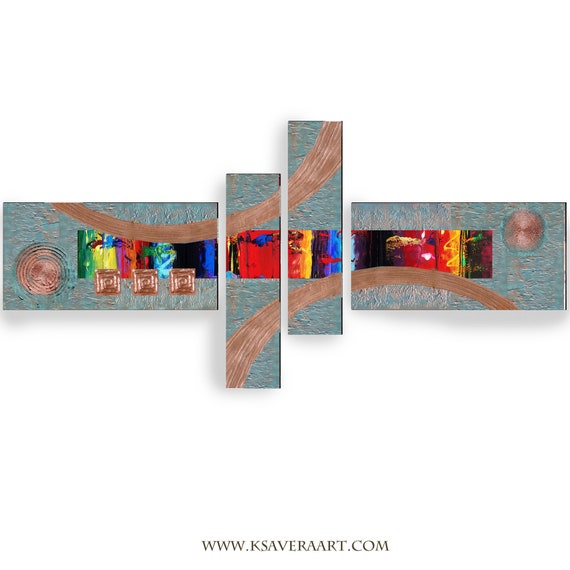 Copper patina rainbow paintings modern art A2011/19 Abstract textured Painting Acrylic Contemporary Art for above sofa by artist Ksavera