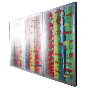 The image is a vibrant, abstract painting with bold, colorful brushstrokes and a sense of movement across the canvas.
