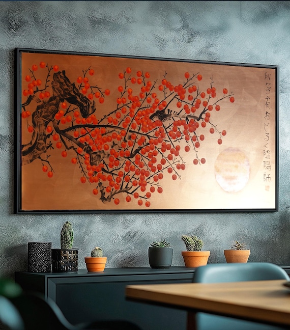 Bronze Japanese Painting Apple tree J423 | Modern Wall Art | Bronze Original Canvas | Contemporary Home Decor | Ksavera