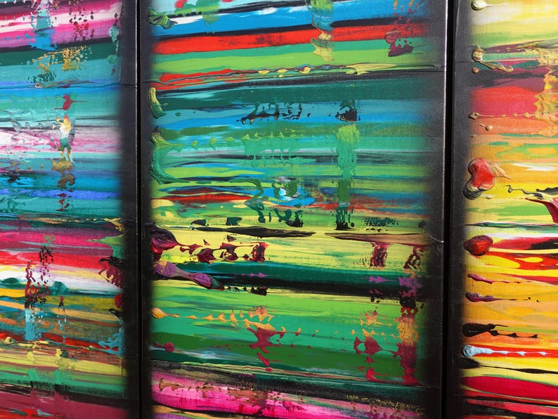 The image is a vibrant, abstract painting with bold, colorful brushstrokes and a sense of movement and energy.