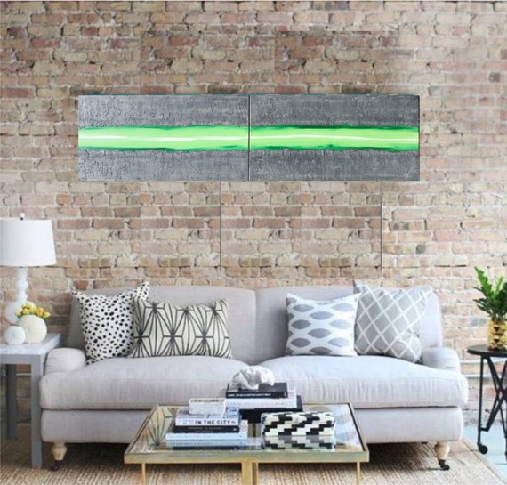 green stripe steel Abstract Painting vertical textured wall art A261 Acrylic Original Contemporary Art KSAVERA mid century modern art