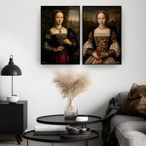 two paintings of women in period dresses, hanging on a wall above a black coffee table with decorative items.