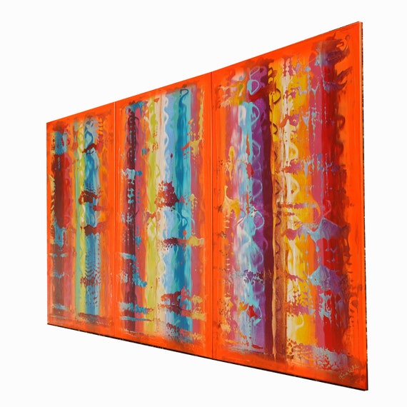 Orange triptych - large abstract paintings A837 - contemporary wall art - modern acrylic paintings by artist Ksavera