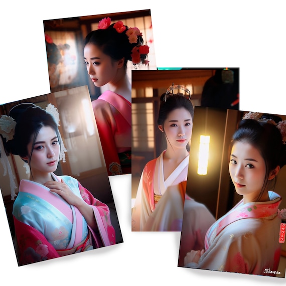 Japanese geisha DS0277 by Ksavera - Digital print set of 4 - synthography fine art prints - Printed on glossy premium fine art photo paper