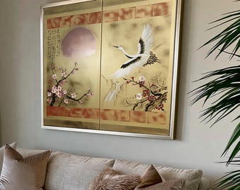 Japanese Crane Diptych Painting J350 Gold Metallic Cherry Blossom Art by Ksavera