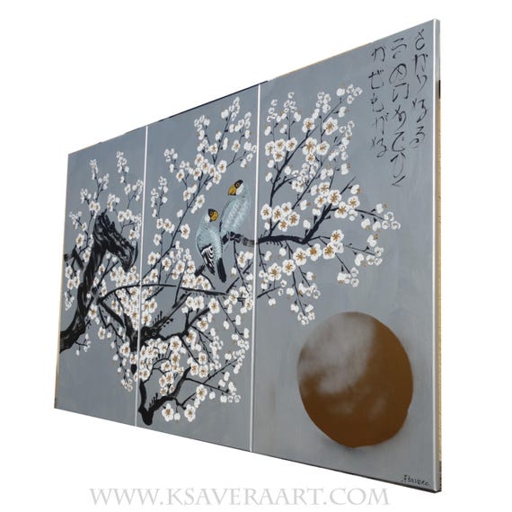 Japanese sakura J398 - silver triptych, original art, cherry blossoms, japanese style original acrylic paintings by artist Ksavera