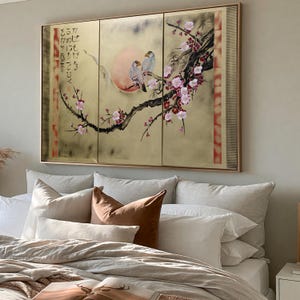 Arte giapponese, fiori di ciliegio e inseparabili, dipinto in stile giapponese J185, immagini di grande formato, opere d'arte originali, dipinti acrilici dell'artista Ksavera