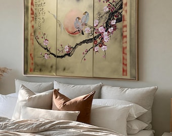 Japan art cherry blossom and love birds Japanese style painting J185 canvas original acrylic paintings gold wall art by artist Ksavera