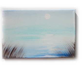 Light Blue sunrise over the lake Painting Original small Art 20 KSAVERA 8"x12" Sunrise Sunset Sakura painting on canvas birthday for mom her