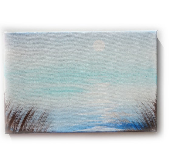 Light Blue sunrise over the lake Painting Original small Art 20 KSAVERA 8"x12" Sunrise Sunset Sakura painting on canvas birthday for mom her