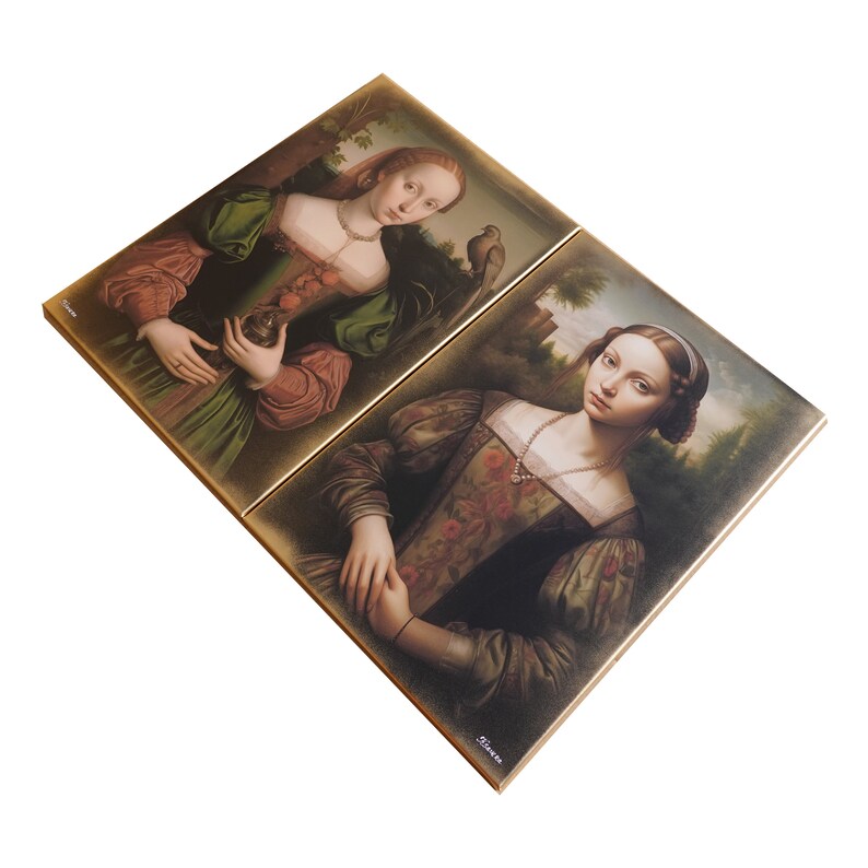 May include: Two framed paintings of women in Renaissance-style clothing. The woman on the left is wearing a green and red dress and holding a small object. The woman on the right is wearing a brown and green dress with a floral pattern. Both paintings have a gold frame.
