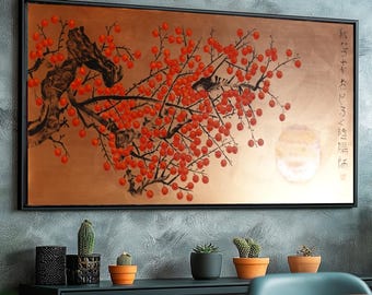 Bronze Japanese Painting Apple tree J423 | Original Canvas Art | japandi Home Decor | Ksavera