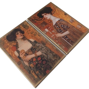 two paintings of women, one on each side, with a warm and ornate color palette.