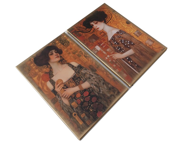 two paintings of women, one on each side, with a warm and ornate color palette.
