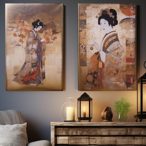 Japanese gold geisha DS0668 by artist Ksavera - set of 2 giclee prints on stretched canvas, black or gold edges. READY to HANG - diptych