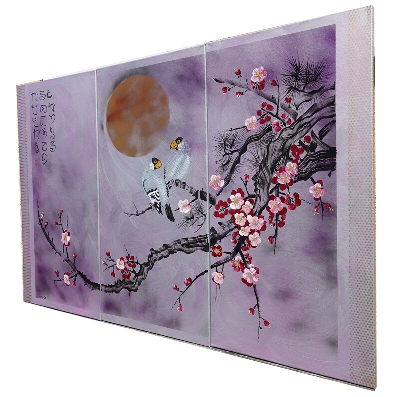 May include: A three-panel painting depicting a Japanese-inspired scene with a full moon, a blossoming tree branch with pink flowers, and two light blue birds perched on the branch. The painting has a purple background with black calligraphy on the left panel.