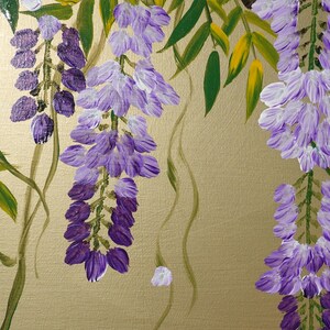 The image is a painting of purple flowers with green leaves, featuring a close-up view of the flowers and leaves.
