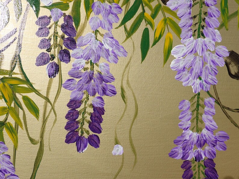 The image is a painting of purple flowers with green leaves, featuring a close-up view of the flowers and leaves.