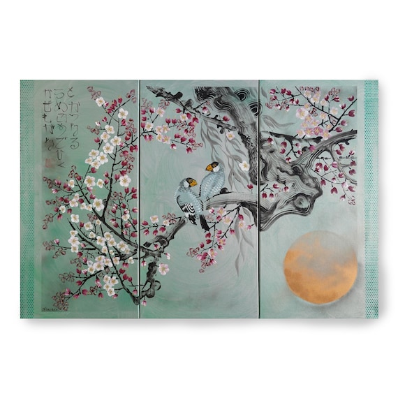 Japanese sakura J289 - silver green triptych, original acrylic painting, japanese style paintings by artist Ksavera