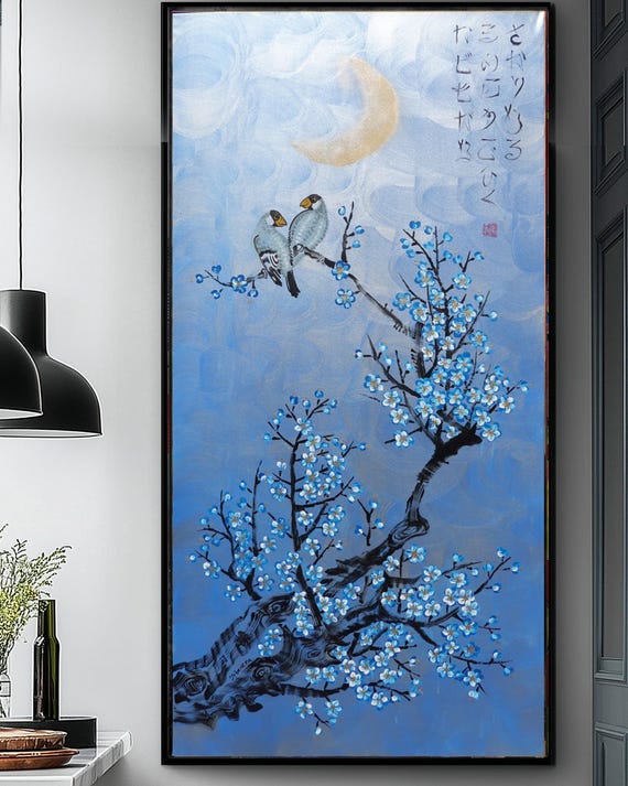 Japandi Blue Wall Art J523 Japanese Birds on Canvas Large Acrylic Painting by Ksavera