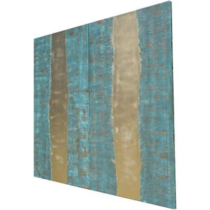 The image is a square canvas with a textured background featuring vertical stripes in shades of blue and gold.