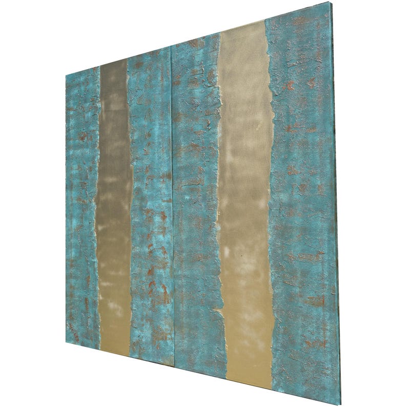 The image is a square canvas with a textured background featuring vertical stripes in shades of blue and gold.