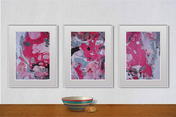 Set of 3 Fluid abstract original paintings on paper A4 - 18J006