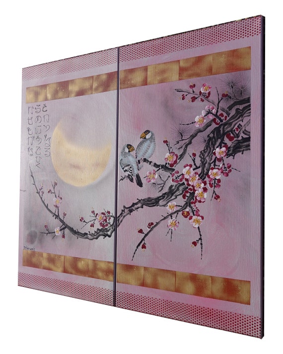 Japanese sakura J314 - silver pink diptych, original art, japanese style paintings by artist Ksavera