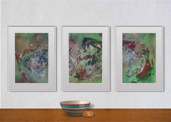 Set of 3 Fluid abstract original paintings on paper A4 - 18J053