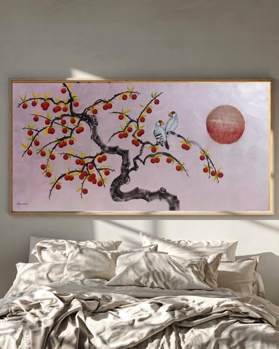 Apple tree and Love Birds J547 | Large Horizontal Silver Lilac Japanese Painting | Ksavera