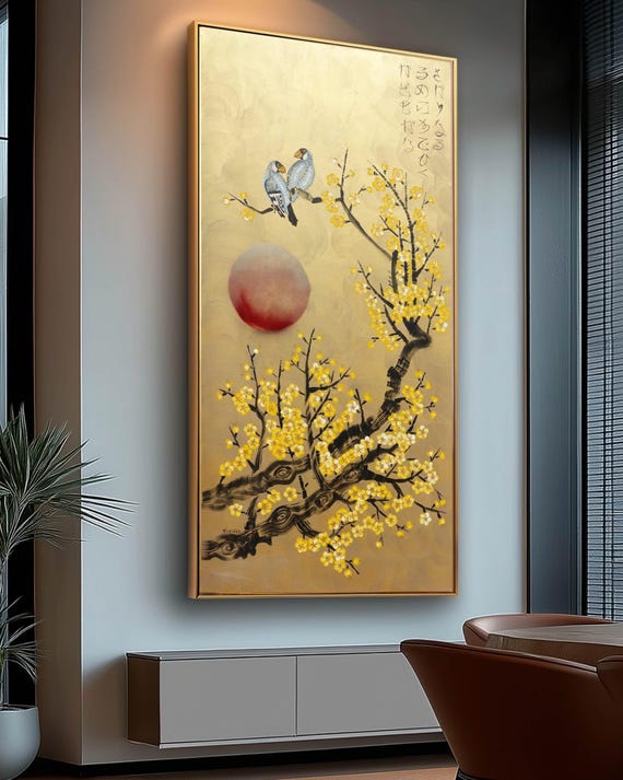 Love Birds and Sakura J497 | Large Vertical Gold Japanese Painting | Ksavera