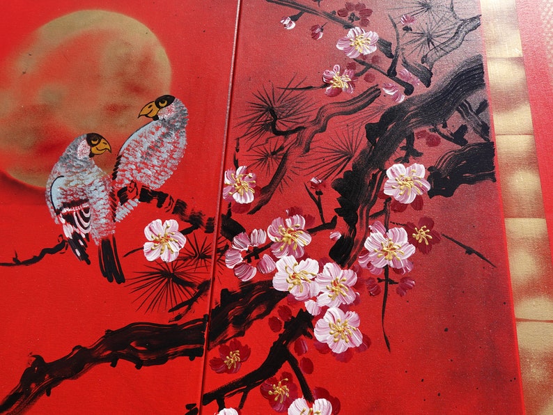 Rot Japan art cherry blossom and love birds Japanese style Zen painting J187 Large paintings acrylic gold wall art by artist Ksavera image 4