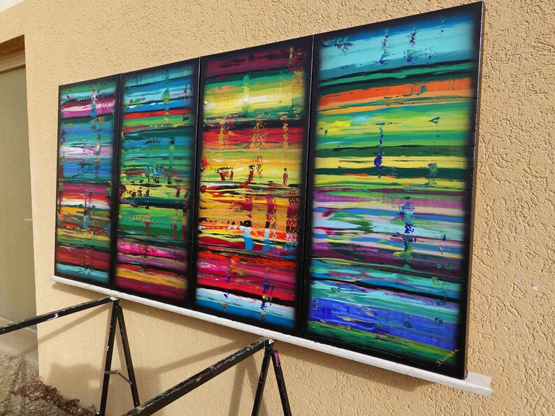 a vibrant, abstract painting with bold, colorful brushstrokes and a sense of movement across the canvas.