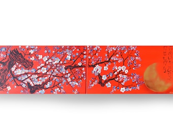 Il giapponese Sakura J301 è un dipinto lungo originale - Fiore di ciliegio rosso e oro - Grande dipinto acrilico originale dell'artista Ksavera