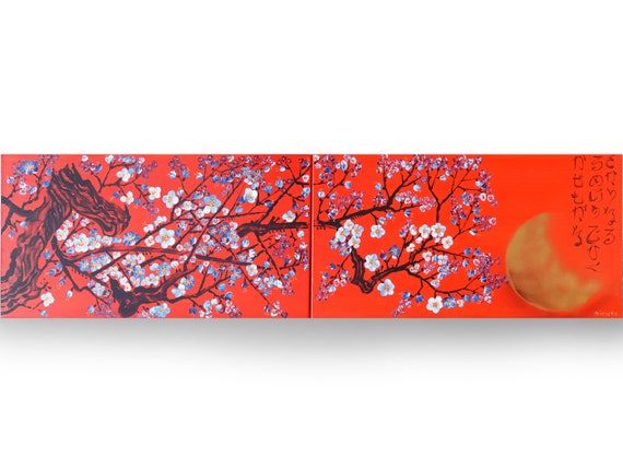 Japanese Sakura J301 - cherry blossom diptych - large original acrylic painting in rot and gold by the artist Ksavera