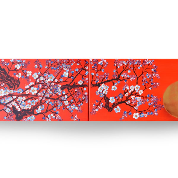 Japanese Sakura J301 - cherry blossom diptych - large original acrylic painting in rot and gold by the artist Ksavera