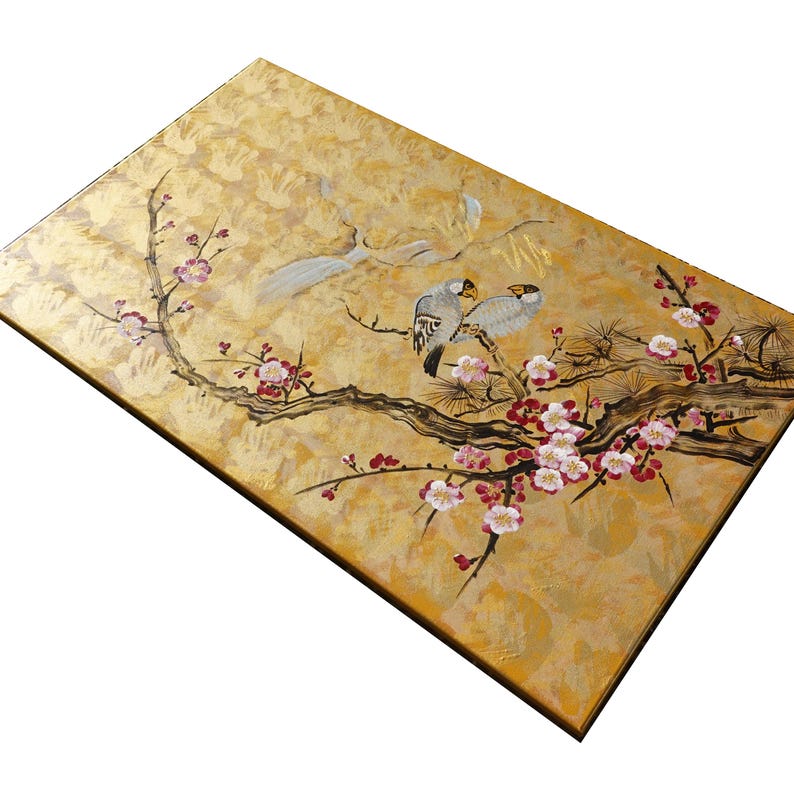 The image is a painting of two birds perched on a branch with flowers.