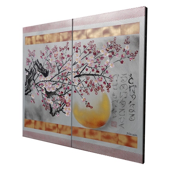 Japanese sakura J342 - silver diptych, original art, japanese style paintings by artist Ksavera